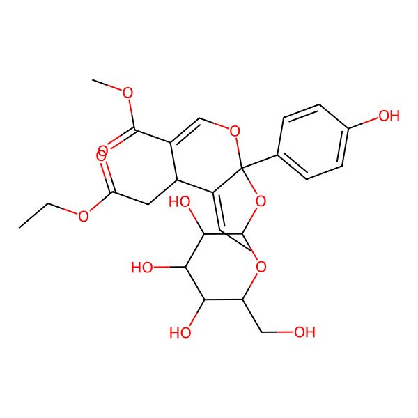 2D Structure of methyl (4S,5E,6S)-4-(2-ethoxy-2-oxoethyl)-5-ethylidene-6-(4-hydroxyphenyl)-6-[(2S,3R,4S,5S,6R)-3,4,5-trihydroxy-6-(hydroxymethyl)oxan-2-yl]oxy-4H-pyran-3-carboxylate