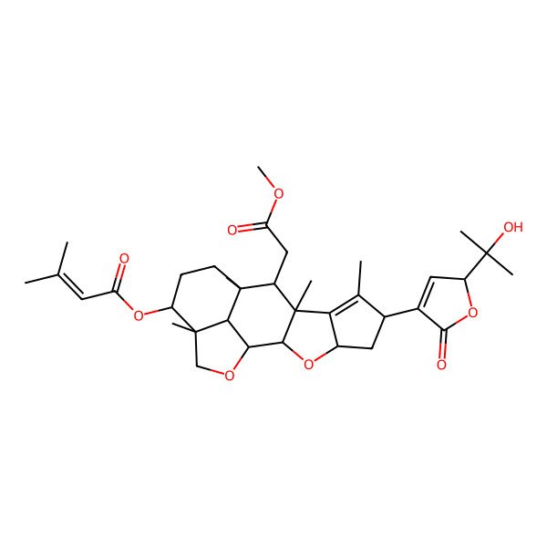 2D Structure of [6-[2-(2-hydroxypropan-2-yl)-5-oxo-2H-furan-4-yl]-10-(2-methoxy-2-oxoethyl)-7,9,11,15-tetramethyl-3,17-dioxapentacyclo[9.6.1.02,9.04,8.015,18]octadec-7-en-14-yl] 3-methylbut-2-enoate