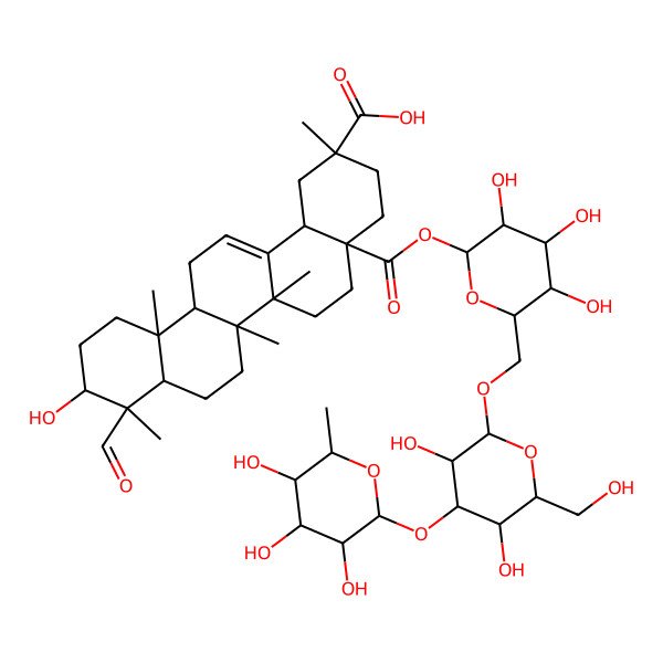 2D Structure of (2R,4aR,6aR,6aS,6bR,8aR,9S,10R,12aR,14bS)-4a-[(2S,3R,4S,5S,6R)-6-[[(2R,3R,4S,5R,6R)-3,5-dihydroxy-6-(hydroxymethyl)-4-[(2S,3R,4R,5R,6S)-3,4,5-trihydroxy-6-methyloxan-2-yl]oxyoxan-2-yl]oxymethyl]-3,4,5-trihydroxyoxan-2-yl]oxycarbonyl-9-formyl-10-hydroxy-2,6a,6b,9,12a-pentamethyl-1,3,4,5,6,6a,7,8,8a,10,11,12,13,14b-tetradecahydropicene-2-carboxylic acid