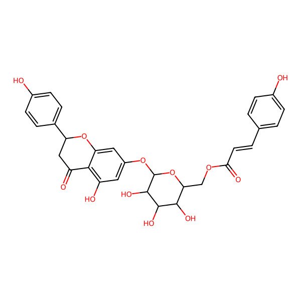 2D Structure of [(2R,3S,4S,5S,6S)-3,4,5-trihydroxy-6-[[(2S)-5-hydroxy-2-(4-hydroxyphenyl)-4-oxo-2,3-dihydrochromen-7-yl]oxy]oxan-2-yl]methyl (E)-3-(4-hydroxyphenyl)prop-2-enoate