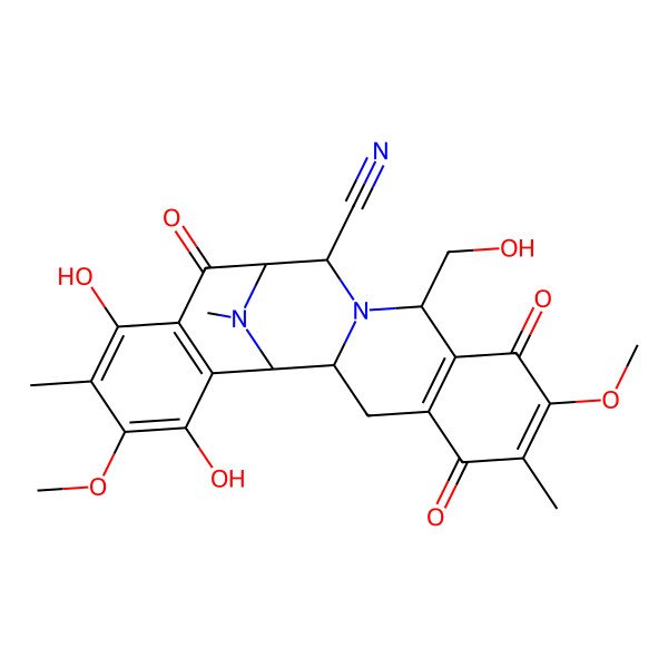 2D Structure of 16,19-Dihydroxy-10-(hydroxymethyl)-7,18-dimethoxy-6,17,21-trimethyl-5,8,14-trioxo-11,21-diazapentacyclo[11.7.1.02,11.04,9.015,20]henicosa-4(9),6,15(20),16,18-pentaene-12-carbonitrile