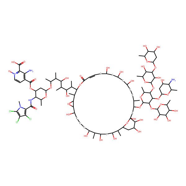 2D Structure of 3-amino-4-[(2R,3R,4R,6R)-6-[7-[(1R,32R,33R,34S)-30-[(2R,3R,4S,5R,6R)-4-[(2S,4R,5S,6R)-5-amino-4-hydroxy-6-methyloxan-2-yl]oxy-5-[(2S,3R,4S,5R,6R)-4-[(2S,4R,5S,6R)-4,5-dihydroxy-6-methyloxan-2-yl]oxy-3,5-dihydroxy-6-methyloxan-2-yl]oxy-6-methyl-3-[(2S,3R,4S,5S,6R)-3,4,5-trihydroxy-6-methyloxan-2-yl]oxyoxan-2-yl]oxy-3,5,7,11,22,24,26,32,33,34-decahydroxy-2,6,15,29-tetramethyl-18-oxo-13,17,36-trioxatricyclo[30.3.1.012,14]hexatriacont-19-en-16-yl]-4,6-dihydroxy-3,5-dimethyloctan-2-yl]oxy-2-methyl-3-[(3,4,5-trichloro-1-methylpyrrole-2-carbonyl)amino]oxan-4-yl]oxycarbonyl-1-oxidopyridin-1-ium-2-carboxylic acid