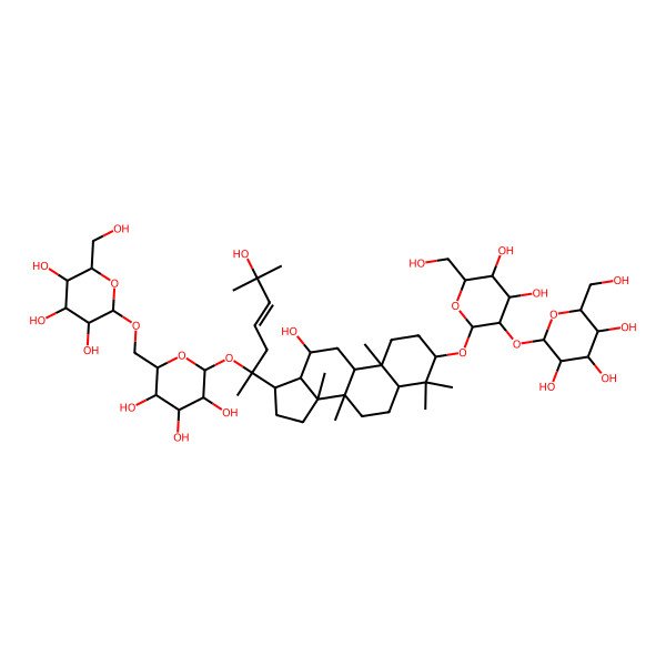 2D Structure of (2R,3R,4S,5S,6R)-2-[[(2R,3S,4S,5R,6S)-6-[(E,2S)-2-[(3S,5S,8R,9R,10R,12R,13R,14R,17S)-3-[(2R,3R,4S,5S,6R)-4,5-dihydroxy-6-(hydroxymethyl)-3-[(2S,3R,4S,5S,6R)-3,4,5-trihydroxy-6-(hydroxymethyl)oxan-2-yl]oxyoxan-2-yl]oxy-12-hydroxy-4,4,8,10,14-pentamethyl-2,3,5,6,7,9,11,12,13,15,16,17-dodecahydro-1H-cyclopenta[a]phenanthren-17-yl]-6-hydroxy-6-methylhept-4-en-2-yl]oxy-3,4,5-trihydroxyoxan-2-yl]methoxy]-6-(hydroxymethyl)oxane-3,4,5-triol