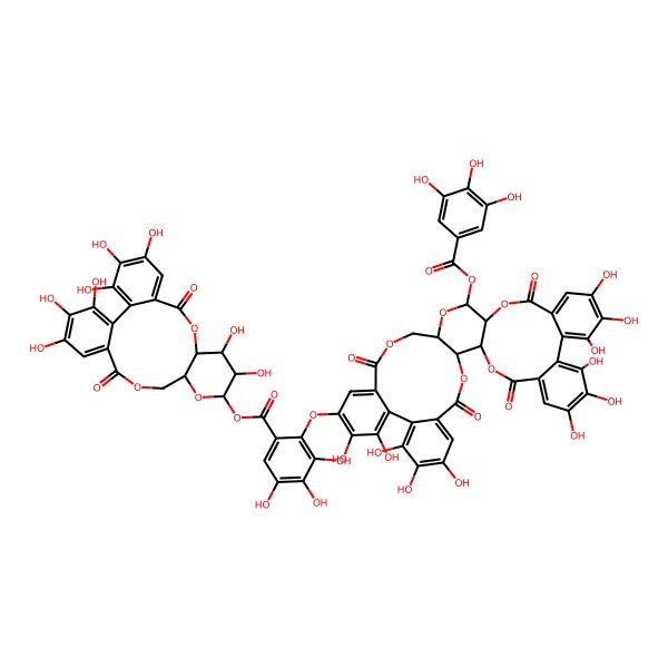 2D Structure of (3,4,5,11,12,21,22,23-Octahydroxy-8,18-dioxo-9,14,17-trioxatetracyclo[17.4.0.02,7.010,15]tricosa-1(23),2,4,6,19,21-hexaen-13-yl) 3,4,5-trihydroxy-2-[[7,8,9,12,13,14,29,30,33,34,35-undecahydroxy-4,17,25,38-tetraoxo-20-(3,4,5-trihydroxybenzoyl)oxy-3,18,21,24,39-pentaoxaheptacyclo[20.17.0.02,19.05,10.011,16.026,31.032,37]nonatriaconta-5,7,9,11,13,15,26,28,30,32,34,36-dodecaen-28-yl]oxy]benzoate