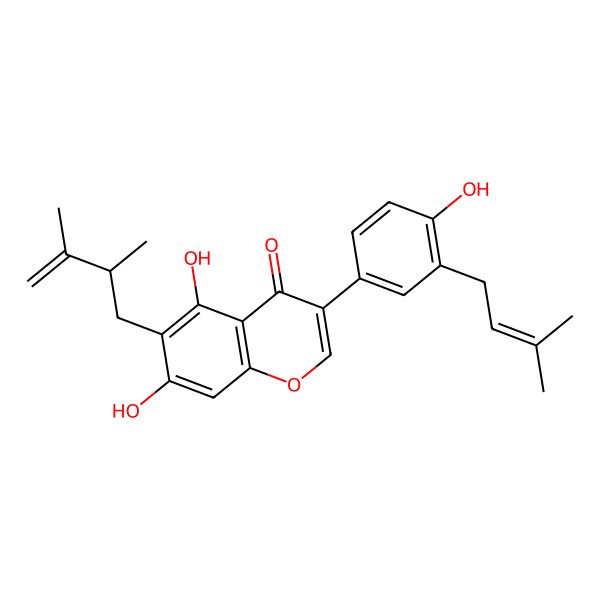 2D Structure of 6-[(2S)-2,3-dimethylbut-3-enyl]-5,7-dihydroxy-3-[4-hydroxy-3-(3-methylbut-2-enyl)phenyl]chromen-4-one