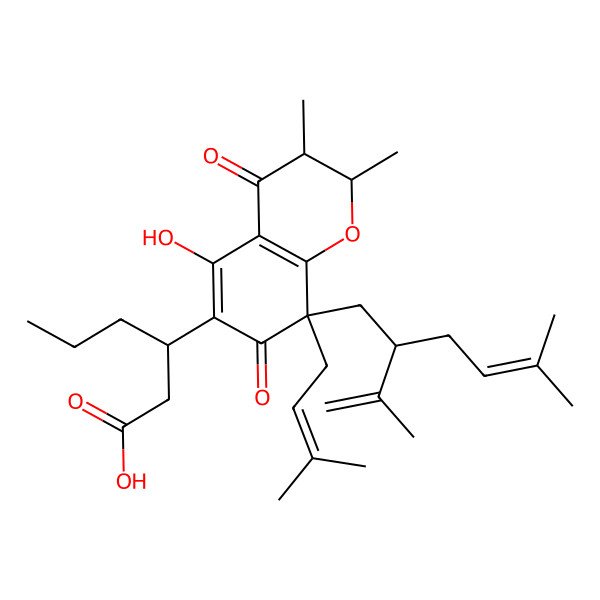 2D Structure of 3-[5-Hydroxy-2,3-dimethyl-8-(3-methylbut-2-enyl)-8-(5-methyl-2-prop-1-en-2-ylhex-4-enyl)-4,7-dioxo-2,3-dihydrochromen-6-yl]hexanoic acid
