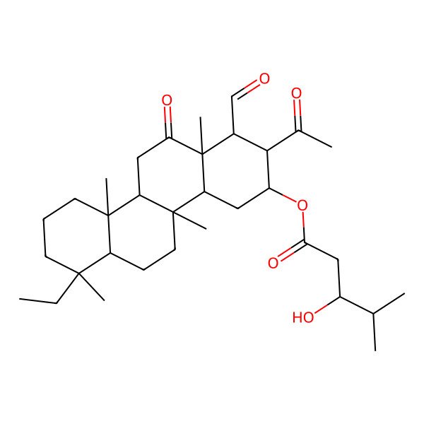 2D Structure of (2-acetyl-7-ethyl-1-formyl-4b,7,10a,12a-tetramethyl-12-oxo-2,3,4,4a,5,6,6a,8,9,10,10b,11-dodecahydro-1H-chrysen-3-yl) 3-hydroxy-4-methylpentanoate