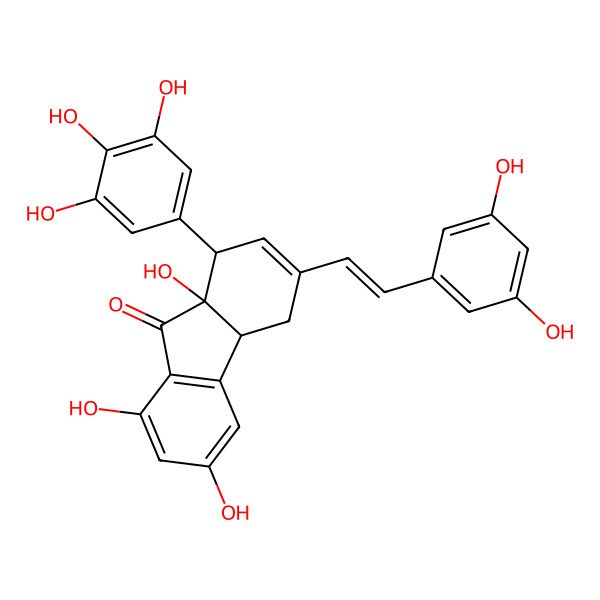 2D Structure of 3-[2-(3,5-dihydroxyphenyl)ethenyl]-6,8,9a-trihydroxy-1-(3,4,5-trihydroxyphenyl)-4,4a-dihydro-1H-fluoren-9-one