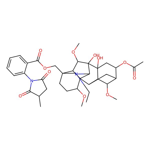 2D Structure of [(1R,2S,3R,4S,5R,6S,8R,9R,10R,16S,17R,18S)-6-acetyloxy-11-ethyl-8,9-dihydroxy-4,16,18-trimethoxy-11-azahexacyclo[7.7.2.12,5.01,10.03,8.013,17]nonadecan-13-yl]methyl 2-[(3S)-3-methyl-2,5-dioxopyrrolidin-1-yl]benzoate