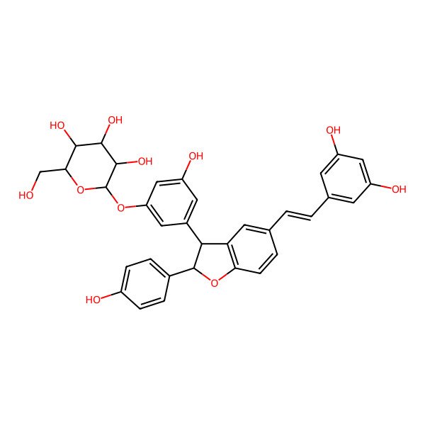 2D Structure of 2-[3-[5-[2-(3,5-Dihydroxyphenyl)ethenyl]-2-(4-hydroxyphenyl)-2,3-dihydro-1-benzofuran-3-yl]-5-hydroxyphenoxy]-6-(hydroxymethyl)oxane-3,4,5-triol