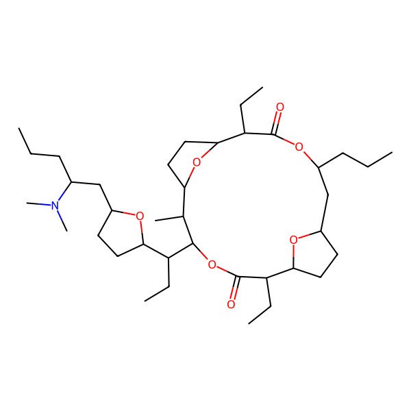 2D Structure of 5-[1-[5-[2-(Dimethylamino)pentyl]oxolan-2-yl]propyl]-2,11-diethyl-6-methyl-14-propyl-4,13,19,20-tetraoxatricyclo[14.2.1.17,10]icosane-3,12-dione