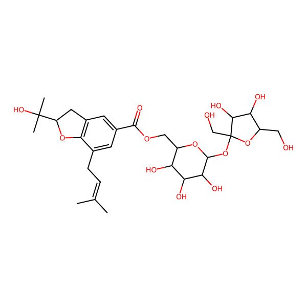 2D Structure of [6-[3,4-Dihydroxy-2,5-bis(hydroxymethyl)oxolan-2-yl]oxy-3,4,5-trihydroxyoxan-2-yl]methyl 2-(2-hydroxypropan-2-yl)-7-(3-methylbut-2-enyl)-2,3-dihydro-1-benzofuran-5-carboxylate