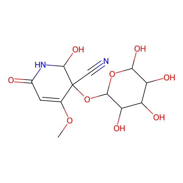 2D Structure of (2S,3R)-2-hydroxy-4-methoxy-6-oxo-3-[(2R,3R,4S,5S,6S)-3,4,5,6-tetrahydroxyoxan-2-yl]oxy-1,2-dihydropyridine-3-carbonitrile