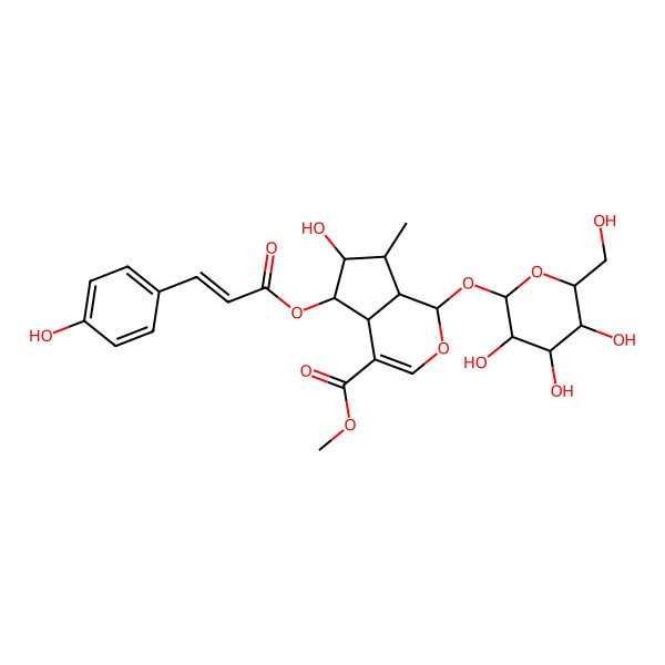 2D Structure of methyl (1S,4aS,5S,6R,7S,7aR)-6-hydroxy-5-[(E)-3-(4-hydroxyphenyl)prop-2-enoyl]oxy-7-methyl-1-[(2S,3R,4S,5S,6R)-3,4,5-trihydroxy-6-(hydroxymethyl)oxan-2-yl]oxy-1,4a,5,6,7,7a-hexahydrocyclopenta[c]pyran-4-carboxylate