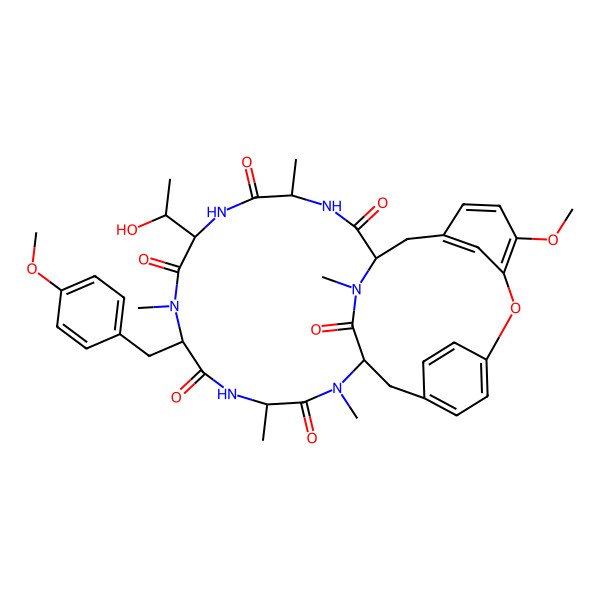 2D Structure of (1S,4R,7R,10S,13S,16S)-7-[(1S)-1-hydroxyethyl]-24-methoxy-10-[(4-methoxyphenyl)methyl]-4,9,13,15,29-pentamethyl-22-oxa-3,6,9,12,15,29-hexazatetracyclo[14.12.2.218,21.123,27]tritriaconta-18,20,23,25,27(31),32-hexaene-2,5,8,11,14,30-hexone