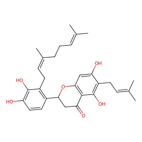 2D Structure of 2-[2-(3,7-Dimethylocta-2,6-dienyl)-3,4-dihydroxyphenyl]-5,7-dihydroxy-6-(3-methylbut-2-enyl)-2,3-dihydrochromen-4-one
