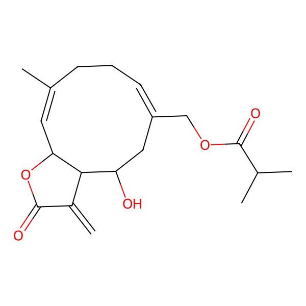 2D Structure of (4-Hydroxy-10-methyl-3-methylidene-2-oxo-3a,4,5,8,9,11a-hexahydrocyclodeca[b]furan-6-yl)methyl 2-methylpropanoate