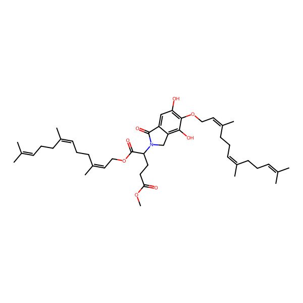 2D Structure of 5-O-methyl 1-O-(3,7,11-trimethyldodeca-2,6,10-trienyl) (2S)-2-[5,7-dihydroxy-3-oxo-6-(3,7,11-trimethyldodeca-2,6,10-trienoxy)-1H-isoindol-2-yl]pentanedioate