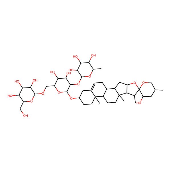 2D Structure of 2-[4,5-Dihydroxy-2-(3'-hydroxy-5',7,9,13-tetramethylspiro[5-oxapentacyclo[10.8.0.02,9.04,8.013,18]icos-18-ene-6,2'-oxane]-16-yl)oxy-6-[[3,4,5-trihydroxy-6-(hydroxymethyl)oxan-2-yl]oxymethyl]oxan-3-yl]oxy-6-methyloxane-3,4,5-triol