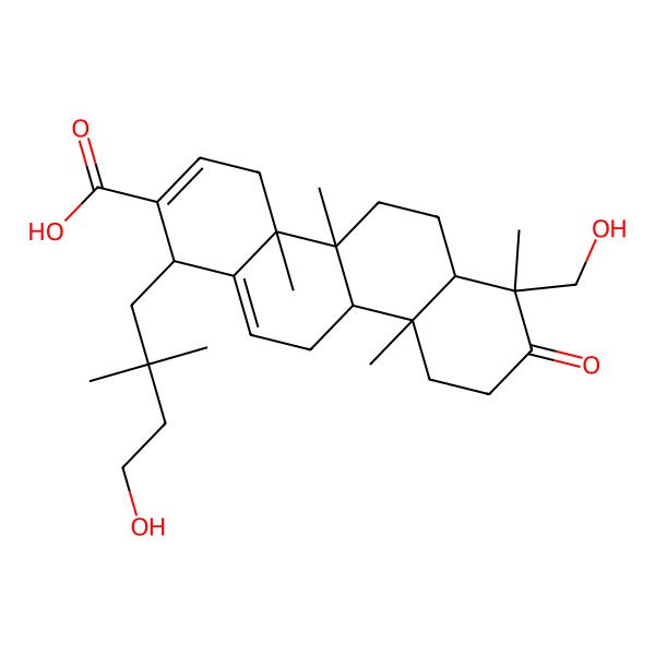 2D Structure of (1S,4aS,4bR,6aR,7R,10aR,10bR)-1-(4-hydroxy-2,2-dimethylbutyl)-7-(hydroxymethyl)-4a,4b,7,10a-tetramethyl-8-oxo-4,5,6,6a,9,10,10b,11-octahydro-1H-chrysene-2-carboxylic acid