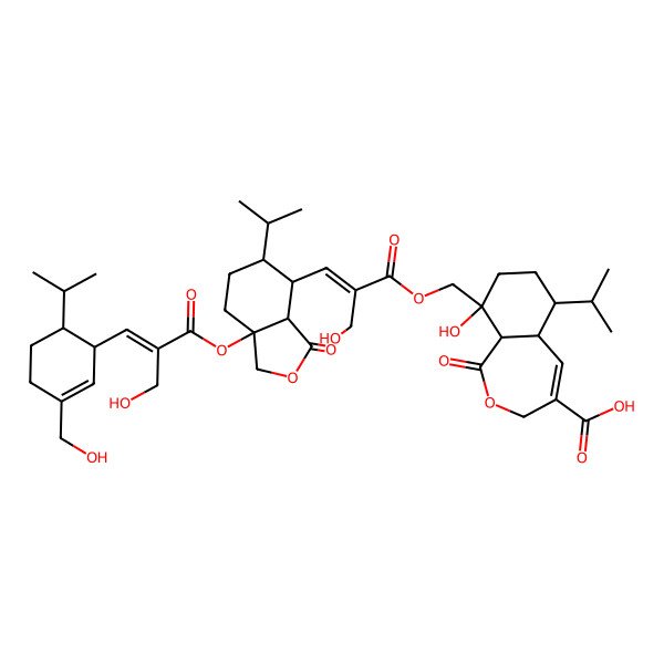 2D Structure of 9-[[3-[7a-[2-(Hydroxymethyl)-3-[3-(hydroxymethyl)-6-propan-2-ylcyclohex-2-en-1-yl]prop-2-enoyl]oxy-3-oxo-5-propan-2-yl-1,3a,4,5,6,7-hexahydro-2-benzofuran-4-yl]-2-(hydroxymethyl)prop-2-enoyl]oxymethyl]-9-hydroxy-1-oxo-6-propan-2-yl-3,5a,6,7,8,9a-hexahydro-2-benzoxepine-4-carboxylic acid