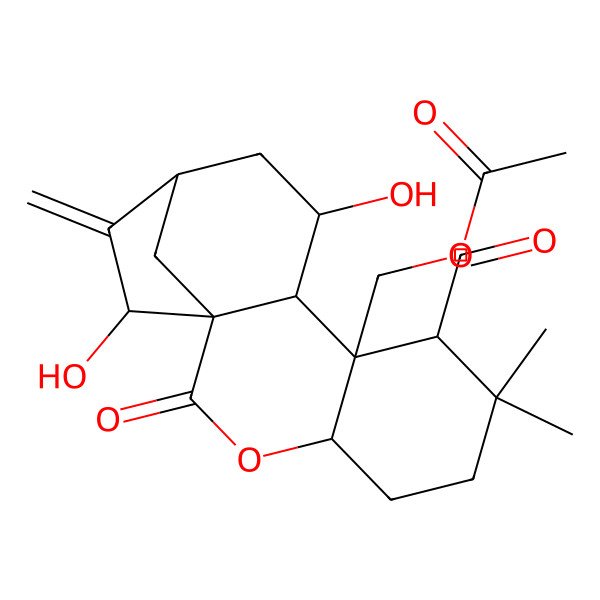 2D Structure of (8-Formyl-11,15-dihydroxy-7,7-dimethyl-14-methylidene-2-oxo-3-oxatetracyclo[11.2.1.01,10.04,9]hexadecan-9-yl)methyl acetate