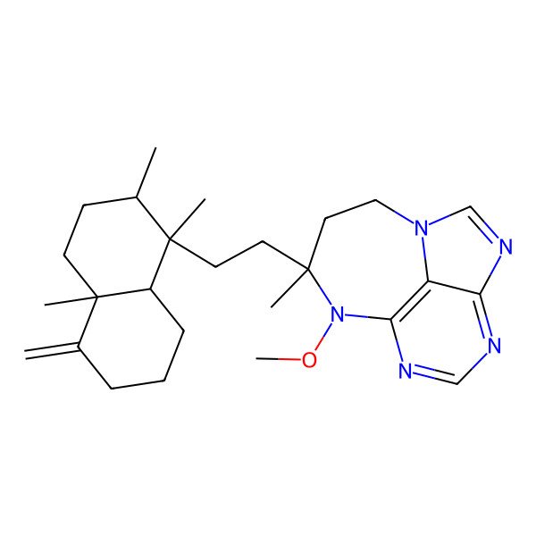 2D Structure of (10S)-10-[2-[(1S,2R,4aS,8aR)-1,2,4a-trimethyl-5-methylidene-3,4,6,7,8,8a-hexahydro-2H-naphthalen-1-yl]ethyl]-9-methoxy-10-methyl-1,3,5,7,9-pentazatricyclo[6.4.1.04,13]trideca-2,4(13),5,7-tetraene