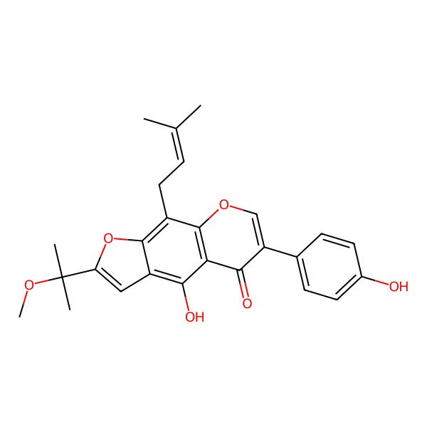 2D Structure of 4-Hydroxy-6-(4-hydroxyphenyl)-2-(2-methoxypropan-2-yl)-9-(3-methylbut-2-enyl)furo[3,2-g]chromen-5-one