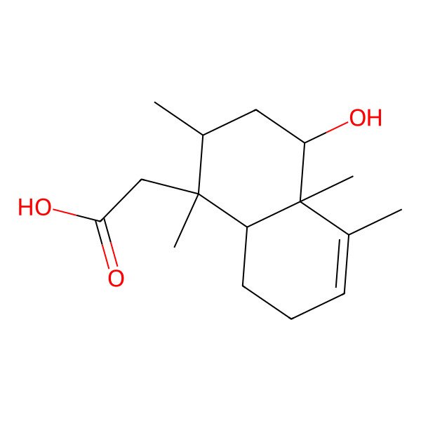 2D Structure of 2-[(1R,2R,4S,4aR,8aR)-4-hydroxy-1,2,4a,5-tetramethyl-2,3,4,7,8,8a-hexahydronaphthalen-1-yl]acetic acid