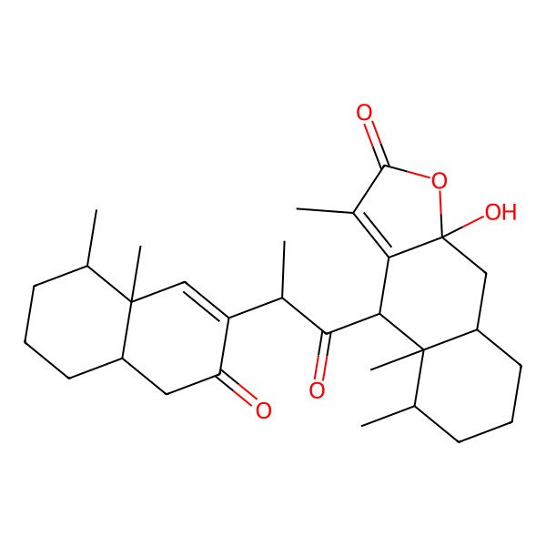 2D Structure of 4-[2-(8,8a-dimethyl-3-oxo-4,4a,5,6,7,8-hexahydronaphthalen-2-yl)propanoyl]-9a-hydroxy-3,4a,5-trimethyl-5,6,7,8,8a,9-hexahydro-4H-benzo[f][1]benzofuran-2-one