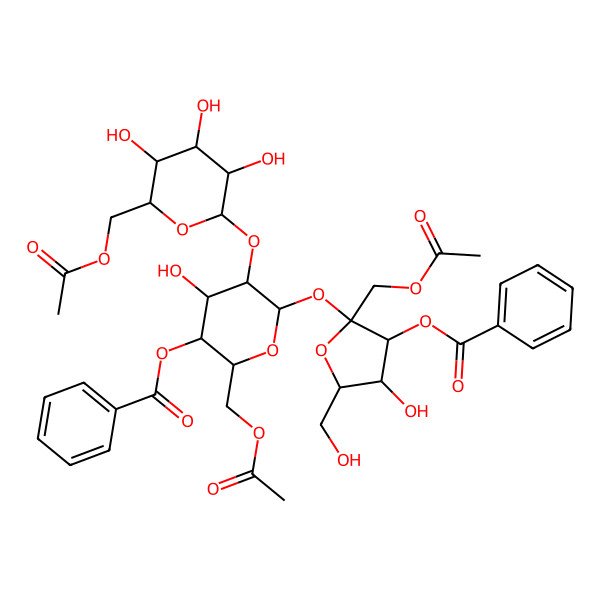 2D Structure of [(2R,3S,4S,5R,6R)-2-(acetyloxymethyl)-6-[(2S,3S,4R,5R)-2-(acetyloxymethyl)-3-benzoyloxy-4-hydroxy-5-(hydroxymethyl)oxolan-2-yl]oxy-5-[(2S,3R,4S,5S,6R)-6-(acetyloxymethyl)-3,4,5-trihydroxyoxan-2-yl]oxy-4-hydroxyoxan-3-yl] benzoate