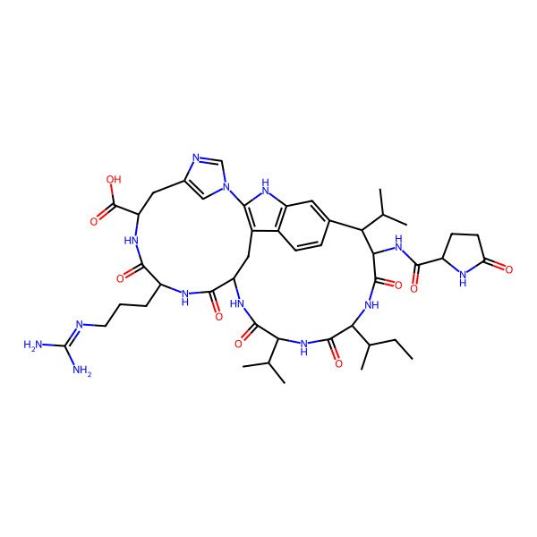 2D Structure of (10S,13S,16S,19S,22S,25S,26R)-22-[(2R)-butan-2-yl]-13-[3-(diaminomethylideneamino)propyl]-12,15,18,21,24-pentaoxo-25-[[(2S)-5-oxopyrrolidine-2-carbonyl]amino]-19,26-di(propan-2-yl)-3,5,7,11,14,17,20,23-octazapentacyclo[14.13.2.12,27.15,8.04,30]tritriaconta-1,4(30),6,8(33),27(32),28-hexaene-10-carboxylic acid
