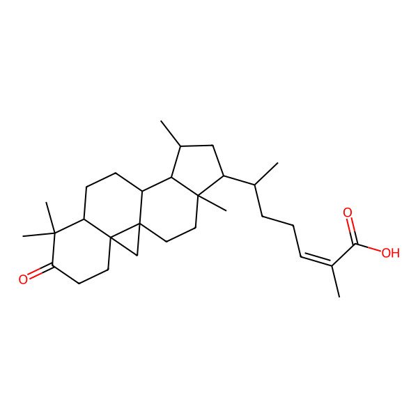 2D Structure of (E,6R)-2-methyl-6-[(1S,3R,8R,11S,12S,13S,15R,16R)-7,7,13,16-tetramethyl-6-oxo-15-pentacyclo[9.7.0.01,3.03,8.012,16]octadecanyl]hept-2-enoic acid