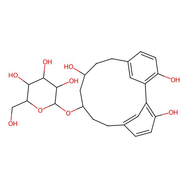 2D Structure of 2-(Hydroxymethyl)-6-[(3,11,17-trihydroxy-9-tricyclo[12.3.1.12,6]nonadeca-1(17),2,4,6(19),14(18),15-hexaenyl)oxy]oxane-3,4,5-triol