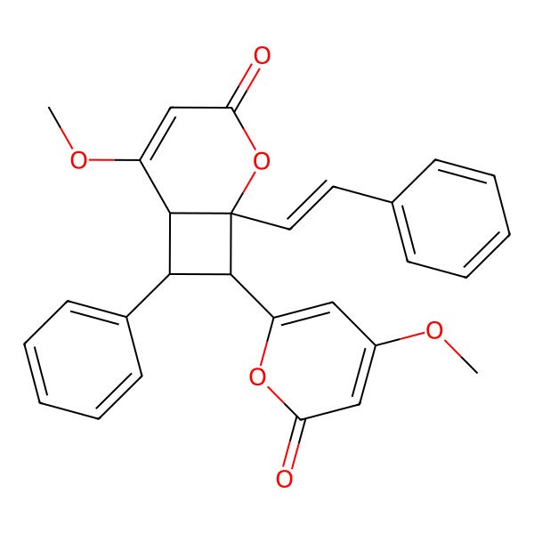 2D Structure of 5-Methoxy-8-(4-methoxy-6-oxopyran-2-yl)-7-phenyl-1-(2-phenylethenyl)-2-oxabicyclo[4.2.0]oct-4-en-3-one