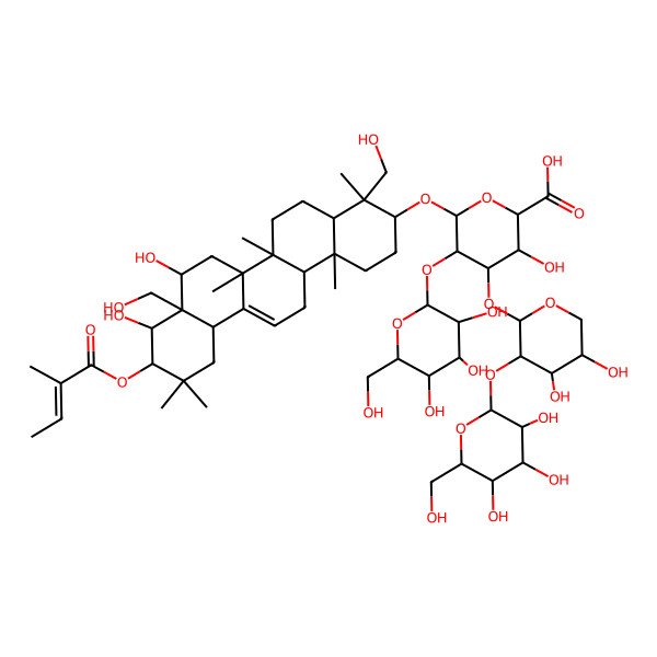2D Structure of 6-[[8,9-Dihydroxy-4,8a-bis(hydroxymethyl)-4,6a,6b,11,11,14b-hexamethyl-10-(2-methylbut-2-enoyloxy)-1,2,3,4a,5,6,7,8,9,10,12,12a,14,14a-tetradecahydropicen-3-yl]oxy]-4-[4,5-dihydroxy-3-[3,4,5-trihydroxy-6-(hydroxymethyl)oxan-2-yl]oxyoxan-2-yl]oxy-3-hydroxy-5-[3,4,5-trihydroxy-6-(hydroxymethyl)oxan-2-yl]oxyoxane-2-carboxylic acid