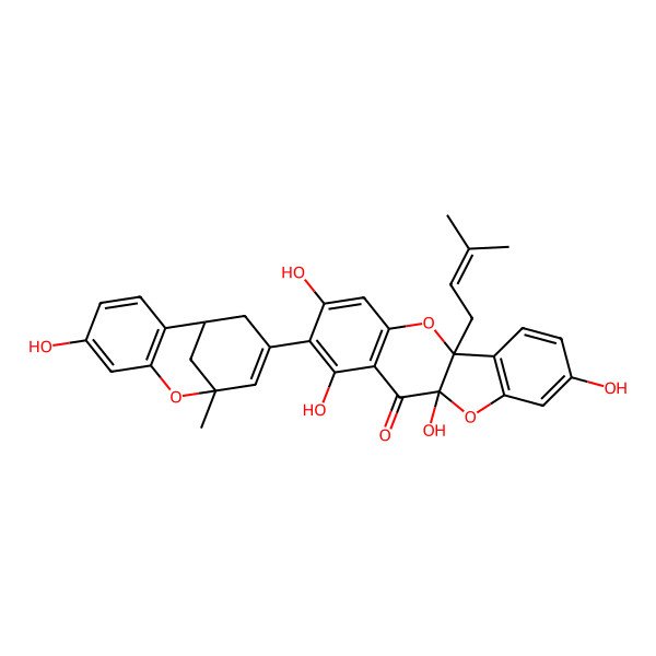 2D Structure of (5aR,10aS)-1,3,8,10a-tetrahydroxy-2-[(1R,9R)-5-hydroxy-9-methyl-8-oxatricyclo[7.3.1.02,7]trideca-2(7),3,5,10-tetraen-11-yl]-5a-(3-methylbut-2-enyl)-[1]benzofuro[3,2-b]chromen-11-one