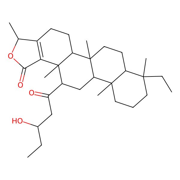 2D Structure of (3S,5aS,5bR,7aS,8S,11aS,11bR,13S,13aR)-8-ethyl-13-(3-hydroxypentanoyl)-3,5b,8,11a,13a-pentamethyl-4,5,5a,6,7,7a,9,10,11,11b,12,13-dodecahydro-3H-phenanthro[1,2-g][2]benzofuran-1-one
