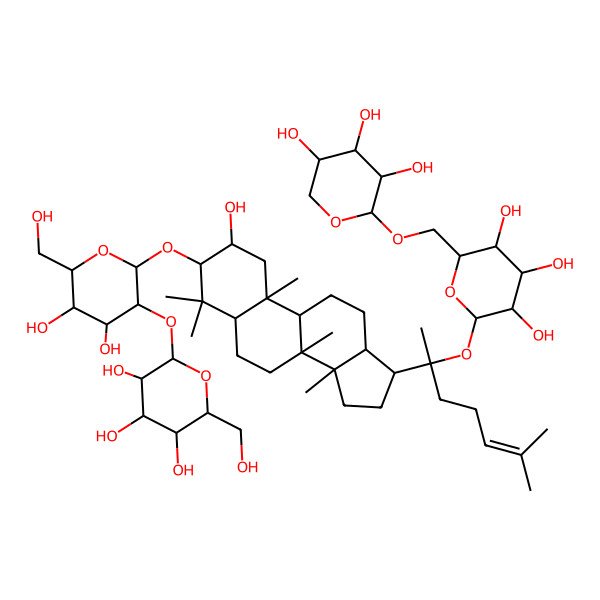 2D Structure of 2-[4,5-dihydroxy-6-(hydroxymethyl)-2-[[2-hydroxy-4,4,8,10,14-pentamethyl-17-[6-methyl-2-[3,4,5-trihydroxy-6-[(3,4,5-trihydroxyoxan-2-yl)oxymethyl]oxan-2-yl]oxyhept-5-en-2-yl]-2,3,5,6,7,9,11,12,13,15,16,17-dodecahydro-1H-cyclopenta[a]phenanthren-3-yl]oxy]oxan-3-yl]oxy-6-(hydroxymethyl)oxane-3,4,5-triol