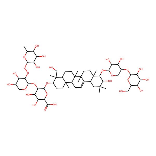2D Structure of (2S,3S,4S,5R,6R)-6-[[(3S,4S,4aR,6aR,6bS,8aR,12aS,14aR,14bR)-9-[(2S,3R,4R,5S)-3,4-dihydroxy-5-[(2S,3R,4S,5S,6R)-3,4,5-trihydroxy-6-(hydroxymethyl)oxan-2-yl]oxyoxan-2-yl]oxy-10-hydroxy-4-(hydroxymethyl)-4,6a,6b,8a,11,11,14b-heptamethyl-1,2,3,4a,5,6,7,8,9,10,12,12a,14,14a-tetradecahydropicen-3-yl]oxy]-5-[(2S,3R,4S,5S)-4,5-dihydroxy-3-[(2S,3R,4R,5R,6S)-3,4,5-trihydroxy-6-methyloxan-2-yl]peroxyoxan-2-yl]oxy-3,4-dihydroxyoxane-2-carboxylic acid