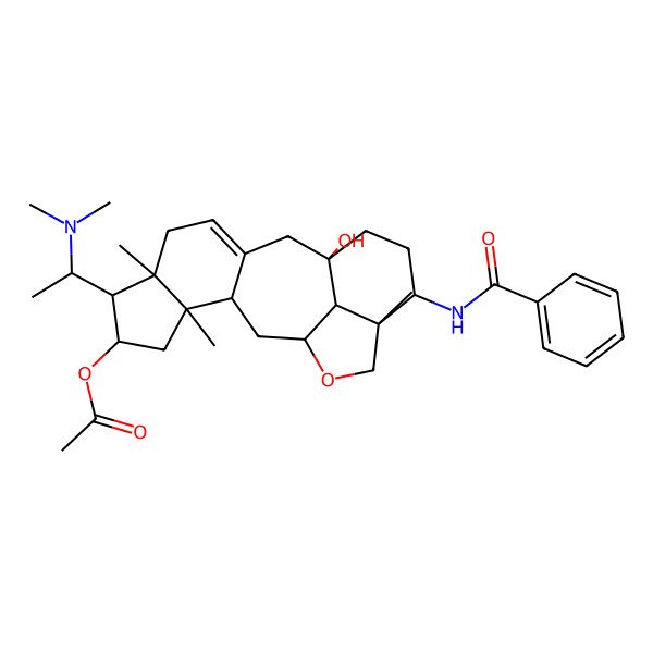 2D Structure of [16-Benzamido-7-[1-(dimethylamino)ethyl]-13-hydroxy-4,8,17-trimethyl-19-oxapentacyclo[11.6.1.03,11.04,8.017,20]icos-10-en-6-yl] acetate