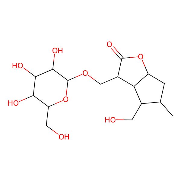 2D Structure of 4-(Hydroxymethyl)-5-methyl-3-[[3,4,5-trihydroxy-6-(hydroxymethyl)oxan-2-yl]oxymethyl]-3,3a,4,5,6,6a-hexahydrocyclopenta[b]furan-2-one