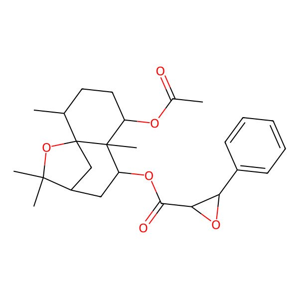 2D Structure of [(1S,2R,5S,6S,7S,9R)-5-acetyloxy-2,6,10,10-tetramethyl-11-oxatricyclo[7.2.1.01,6]dodecan-7-yl] (2S,3S)-3-phenyloxirane-2-carboxylate