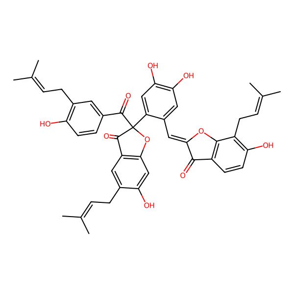 2D Structure of 2-[4,5-Dihydroxy-2-[[6-hydroxy-7-(3-methylbut-2-enyl)-3-oxo-1-benzofuran-2-ylidene]methyl]phenyl]-6-hydroxy-2-[4-hydroxy-3-(3-methylbut-2-enyl)benzoyl]-5-(3-methylbut-2-enyl)-1-benzofuran-3-one