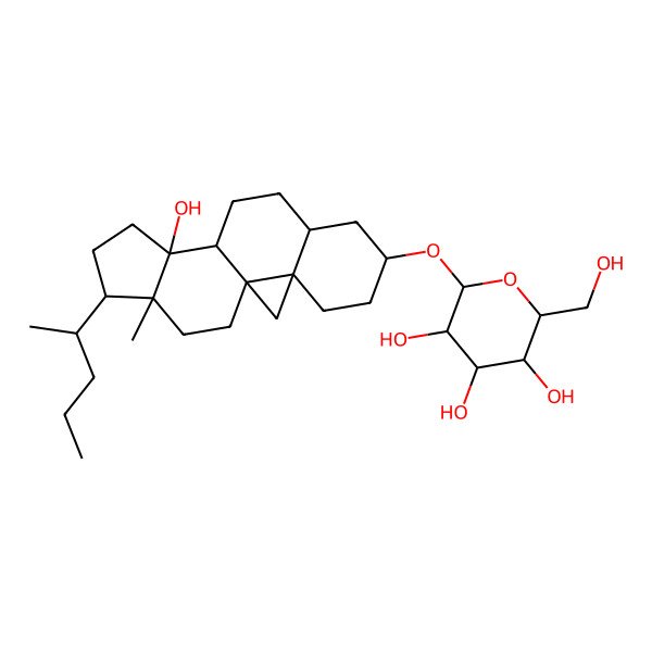 2D Structure of 2-(Hydroxymethyl)-6-[(12-hydroxy-16-methyl-15-pentan-2-yl-6-pentacyclo[9.7.0.01,3.03,8.012,16]octadecanyl)oxy]oxane-3,4,5-triol