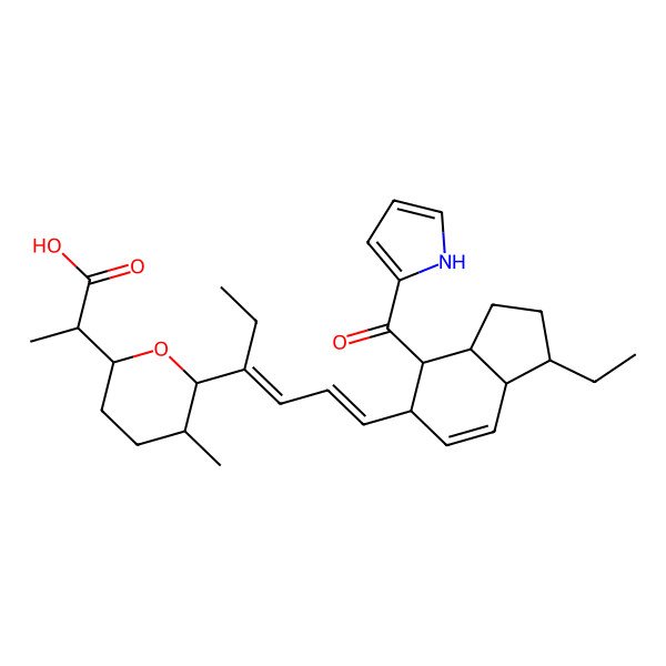2D Structure of (2R)-2-[(5S,6R)-6-[(3E,5E)-6-[(1S,4S,5R)-1-ethyl-4-(1H-pyrrole-2-carbonyl)-2,3,3a,4,5,7a-hexahydro-1H-inden-5-yl]hexa-3,5-dien-3-yl]-5-methyloxan-2-yl]propanoic acid