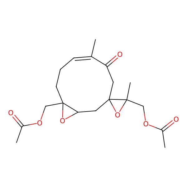 2D Structure of [(1R,2'R,4E,8S,10R)-1-(acetyloxymethyl)-2',5-dimethyl-6-oxospiro[11-oxabicyclo[8.1.0]undec-4-ene-8,3'-oxirane]-2'-yl]methyl acetate