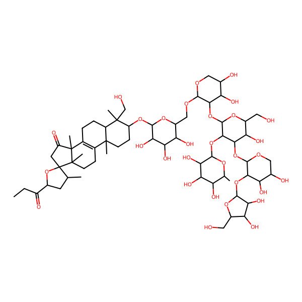 2D Structure of (3S,3'R,4S,5R,5'S,10S,13S,14S,17S)-3-[(2R,3R,4S,5S,6R)-6-[[(2S,3R,4S,5S)-3-[(2S,3R,4S,5R,6R)-4-[(2S,3R,4S,5S)-3-[(2S,3R,4R,5R)-3,4-dihydroxy-5-(hydroxymethyl)oxolan-2-yl]oxy-4,5-dihydroxyoxan-2-yl]oxy-5-hydroxy-6-(hydroxymethyl)-3-[(2S,3R,4R,5R,6S)-3,4,5-trihydroxy-6-methyloxan-2-yl]oxyoxan-2-yl]oxy-4,5-dihydroxyoxan-2-yl]oxymethyl]-3,4,5-trihydroxyoxan-2-yl]oxy-4-(hydroxymethyl)-3',4,10,13,14-pentamethyl-5'-propanoylspiro[2,3,5,6,7,11,12,16-octahydro-1H-cyclopenta[a]phenanthrene-17,2'-oxolane]-15-one