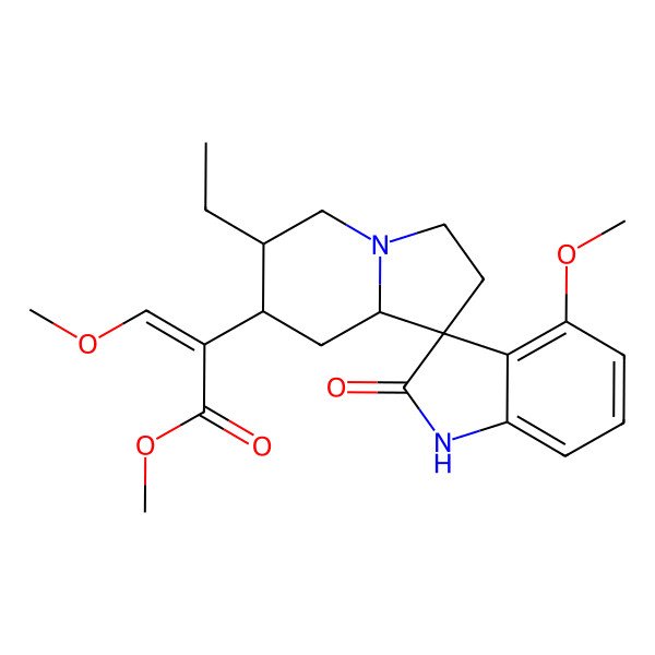 2D Structure of methyl (E)-2-[(3S,6'S,7'S,8'aS)-6'-ethyl-4-methoxy-2-oxospiro[1H-indole-3,1'-3,5,6,7,8,8a-hexahydro-2H-indolizine]-7'-yl]-3-methoxyprop-2-enoate