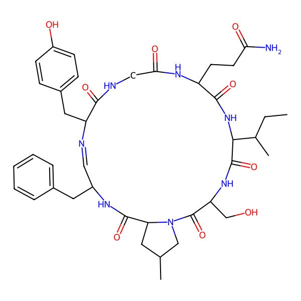 2D Structure of 3-[18-Benzyl-6-butan-2-yl-3-(hydroxymethyl)-15-[(4-hydroxyphenyl)methyl]-23-methyl-2,5,8,11,14,20-hexaoxo-1,4,7,10,13,16,19-heptazabicyclo[19.3.0]tetracos-16-en-9-yl]propanamide